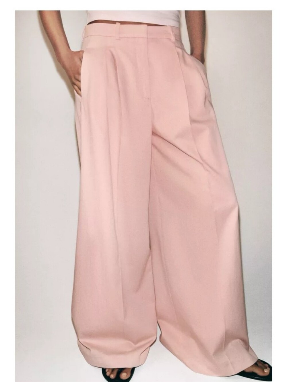 Zara Zw Collection Pastel Pink Pleated Wide-Leg Trousers Sz-S